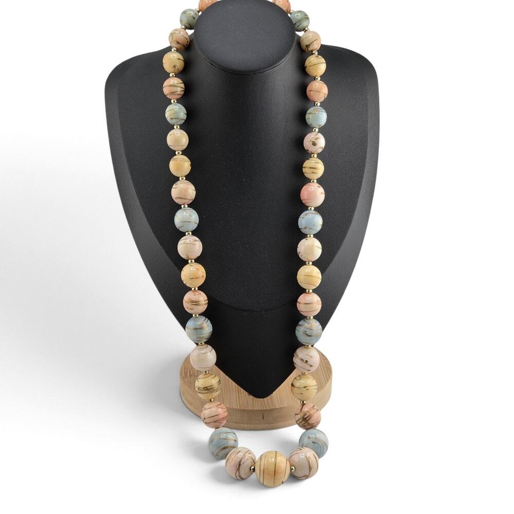 Vintage Pastel Painted Bead Necklace 29 Inch Graduated Swirl Beads